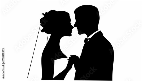 Silhouette of bride and groom holding hands in formal wear about to kiss on a white background scene