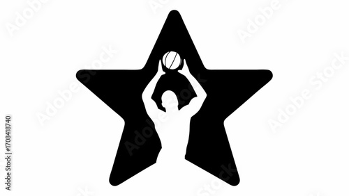 Silhouette of a basketball player shooting a ball inside a black star against a white background design