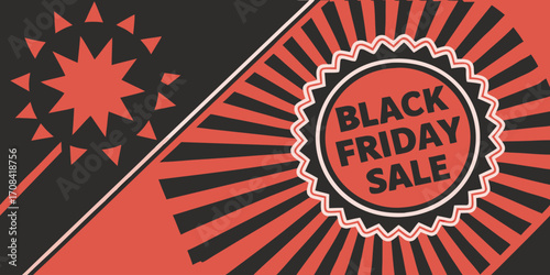A bold and modern Black Friday sale banner with a dynamic red and black color scheme. The left side features a solid black background with large white text reading BLACK FRIDAY SALE and smaller yellow