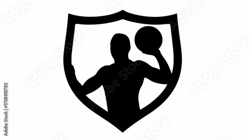 Silhouette of a water polo player throwing a ball inside a shield emblem in black and white colors