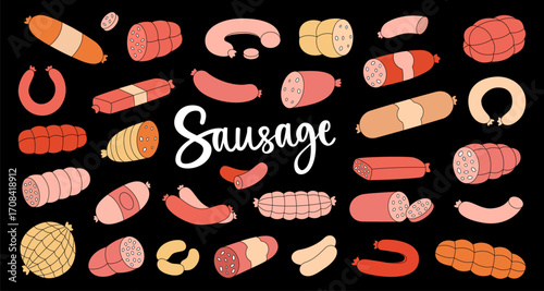 Sausages set. Smoked sausages. Butchery menu design template for food market, ecommerce, products promotion. Vector illustration.