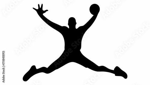 Silhouette of a man jumping with legs spread and holding a ball in one hand with the other raised