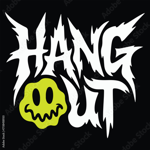 “Hang Out” Typography with Cartoon Green Face and Jagged Font on Black Background Vector Illustration