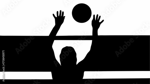 Silhouette of a person reaching for a ball over a net in a black and white volleyball scene image