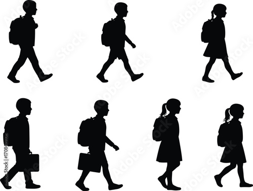 PrintSilhouettes of school children walking with backpacks and briefcases, boys and girls going to school, vector illustration set