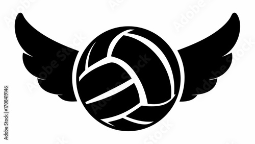 A stylized black and white image of a volleyball with wings extending from either side of the ball design