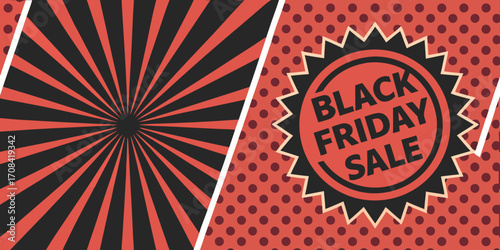 A bold and modern Black Friday sale banner with a dynamic red and black color scheme. The left side features a solid black background with large white text reading BLACK FRIDAY SALE and smaller yellow
