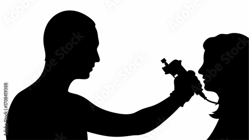 Silhouette of man holding tattoo machine to woman's face in black and white graphic illustration art
