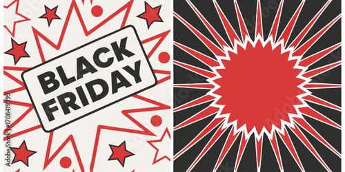 A bold and modern Black Friday sale banner with a dynamic red and black color scheme. The left side features a solid black background with large white text reading BLACK FRIDAY SALE and smaller yellow