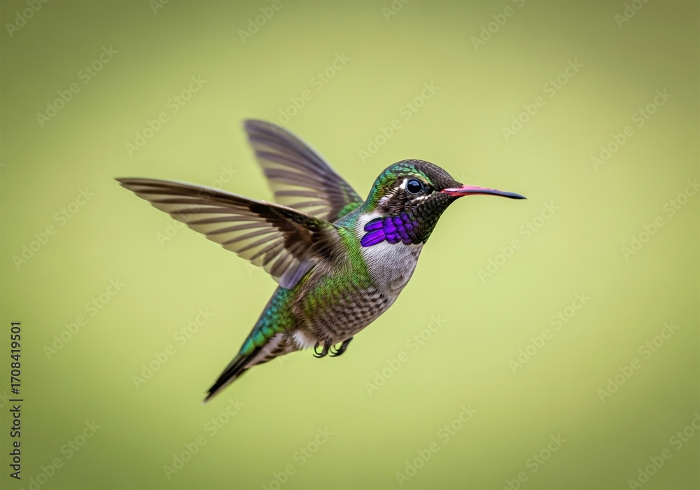 Fototapeta premium A hummingbird, in flight, is centered in the image