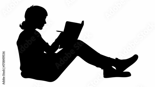 Silhouette of a woman sitting and reading a book with a pen in her hand on a white background image