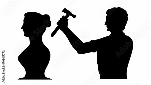 Silhouette of a sculptor with hammer shaping a bust of a woman in black and white illustration art
