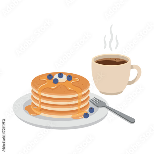 Delicious pancakes with syrup and blueberries cozy kitchen food photography morning breakfast top-down view comfort food. Vector illustration