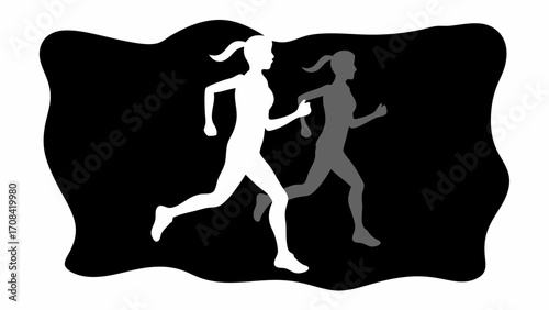Two women running silhouettes against a black and white background with an abstract wavy border design