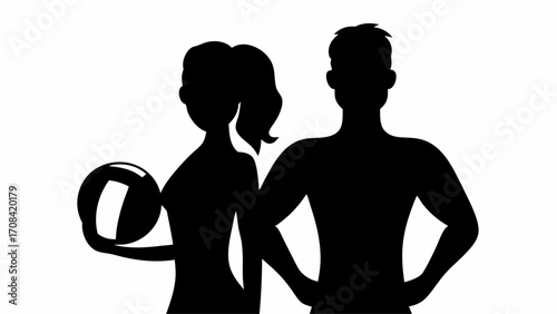 Silhouette of a woman holding a ball next to a man with hands on hips in black and white illustration
