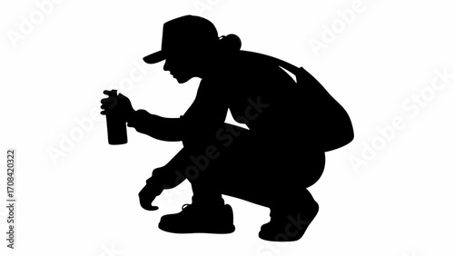 Silhouette of a person crouching and holding a spray paint can with a cap and backpack shown clearly