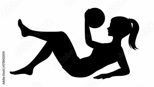 Silhouette of a woman lying down holding a ball with her right hand and ponytail hairstyle on a white background