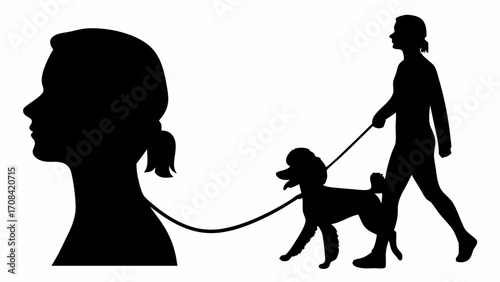 Silhouette of woman and poodle on leash, woman walking dog, profile of woman looking left, black and white