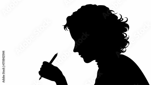 Silhouette of a person with curly hair holding a pen and appearing to be writing or drawing something