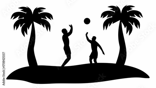 Silhouette of two people playing volleyball on a beach with palm trees in a tropical setting outdoors