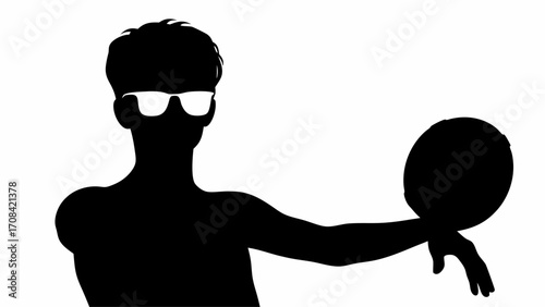 Silhouette of a person with sunglasses holding a ball in their hand against a white color background