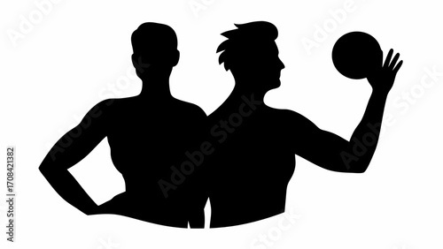 Silhouette of two muscular men one holding a ball above his head in a black and white illustration