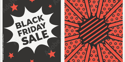 A bold and modern Black Friday sale banner with a dynamic red and black color scheme. The left side features a solid black background with large white text reading BLACK FRIDAY SALE and smaller yellow