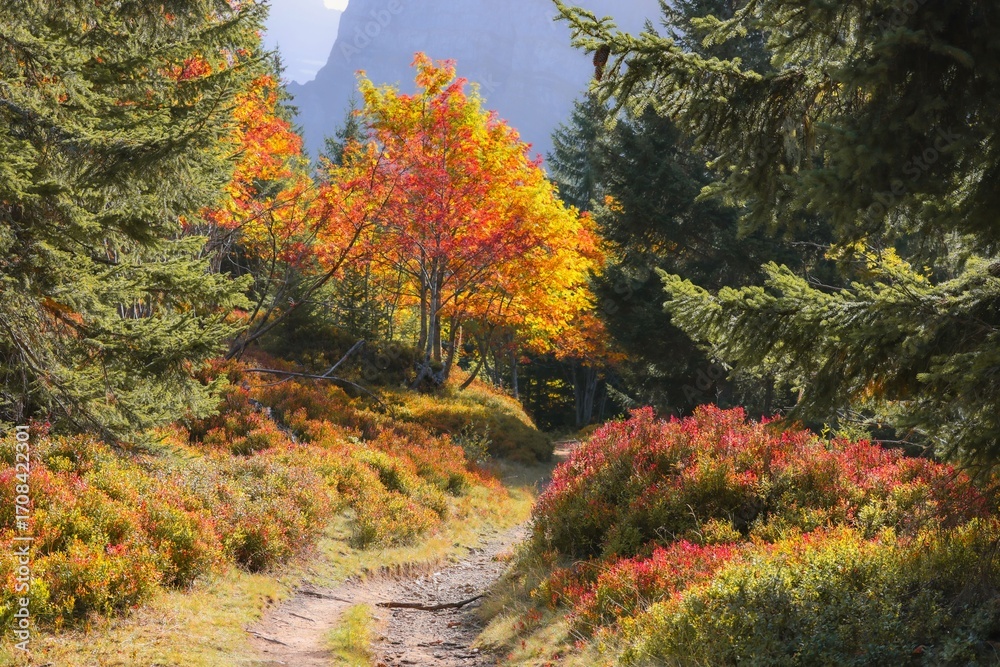 Fototapeta premium Scenic autumn forest trail with vibrant foliage.