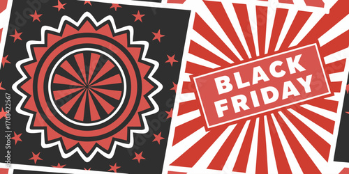 A bold and modern Black Friday sale banner with a dynamic red and black color scheme. The left side features a solid black background with large white text reading BLACK FRIDAY SALE and smaller yellow