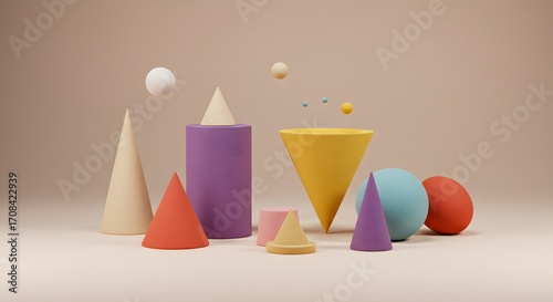 Abstract 3D Geometric Shapes Composition Pastel Colors Minimalist Design Background