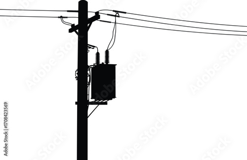 Electric utility pole with transformer, high voltage power cables, electricity distribution wires, outdoor energy grid connection, urban infrastructure system, silhouette of engineering structure 