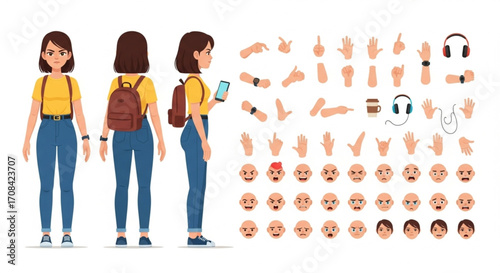 Female student character constructor for animation, featuring a complete set of body parts, facial emotions, and hand gestures