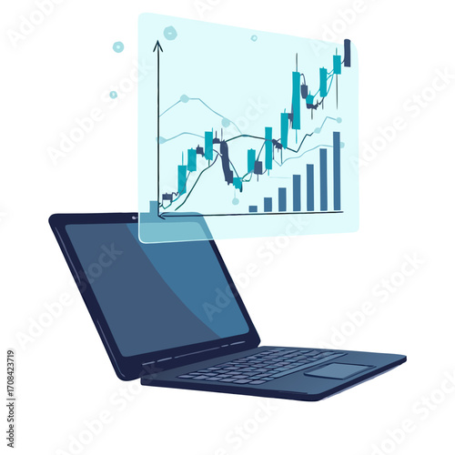 Laptop showing stock market analysis financial data graph chart investment business technology and trade data