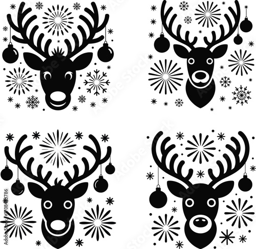 Festive christmas reindeer icons with snowflakes and ornaments for holiday designs