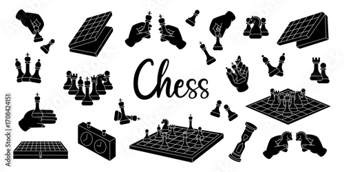 Solid black chess silhouettes with pieces, boards, and clocks in bold style