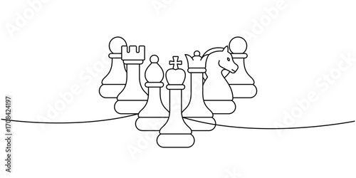 Minimalist chess line art of all pieces combined, elegant black outline drawing for coloring and strategic artwork