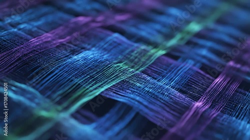 Abstract weaving glowing lines form an intricate fabric-like pattern, a seamlessly looping digital textile background loop, digital art, corporate
