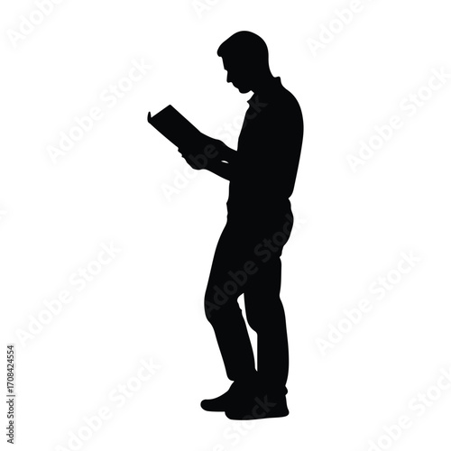 Man silhouette reading a book, symbol of knowledge.