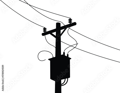 Electric utility pole with transformer box, high voltage power lines, electricity distribution infrastructure, energy supply network, urban grid connection, silhouette of outdoor engineering structure