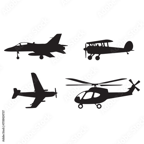 Aircraft Silhouettes Featuring Jet Fighter, Biplane, Propeller Plane, and Helicopter Vector Illustration