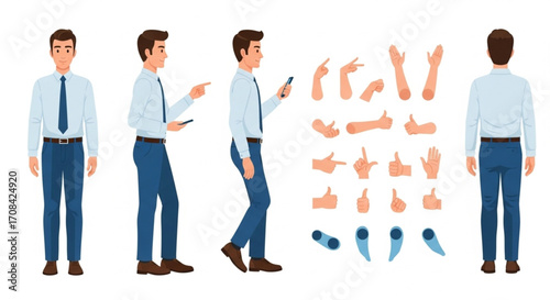 Vector businessman character constructor set for animation, featuring multiple views, poses, and hand gestures for creation