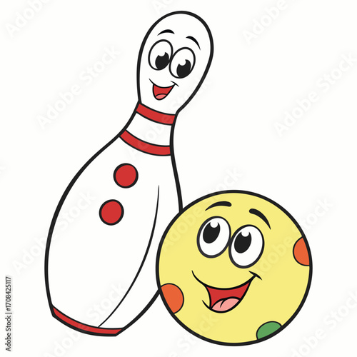 Cute cartoon bowling pin and ball on white background