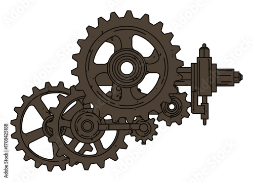 Clockwork Mechanism: A Large Vintage Bronze Gear with a Central Rod and Cogs