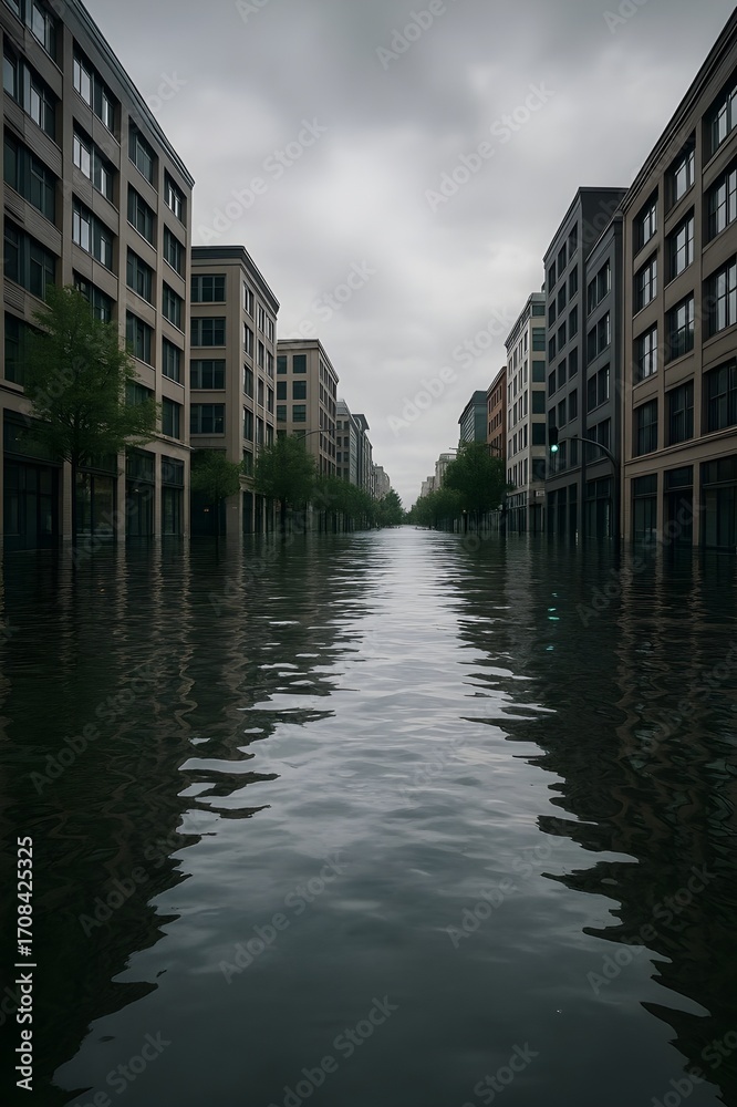 Fototapeta premium Rising sea level flooding urban street no humans