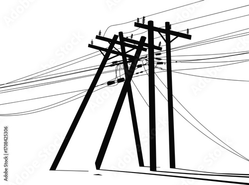 Electric utility poles with multiple power lines, high voltage transmission cables, communication wires, electricity distribution network, infrastructure silhouette, urban energy grid connection