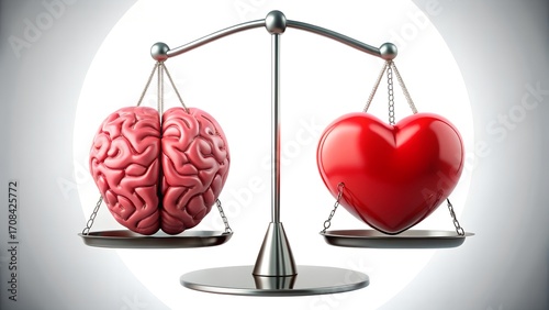 A scale balancing a brain on one side and a heart on the other, representing the choice between logic and emotion isolated on white background