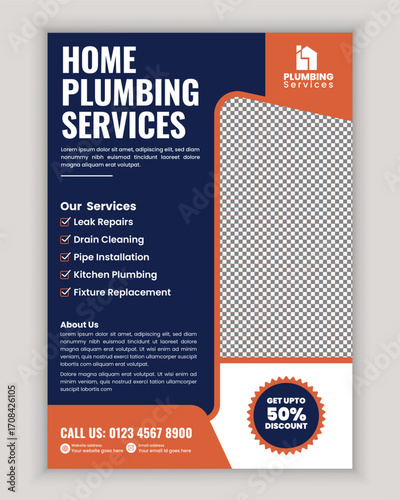 Modern Plumbing Services Flyer Poster Template for Bathroom Remodeling Pipe Replacement Faucet Repair and Residential House Maintenance