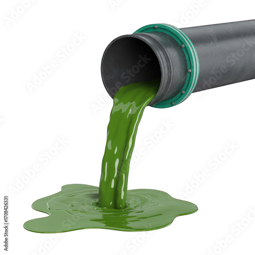 Green liquid flows from pipe onto black floor on transparent background