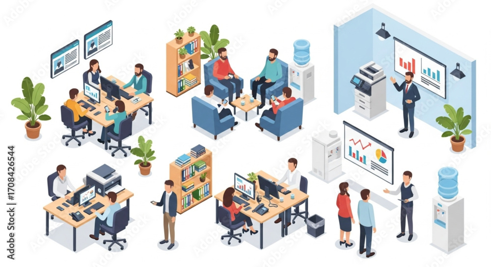 Fototapeta premium Isometric business scenes collection illustrating a modern corporate workflow, teamwork, and data analysis presentations in a smart office