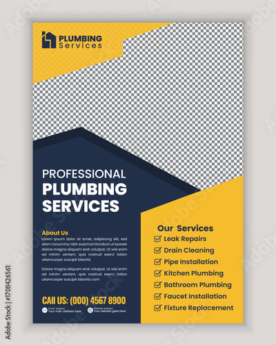 Modern Plumbing Services Flyer Poster Template for Bathroom Remodeling Pipe Replacement Faucet Repair and Residential House Maintenance